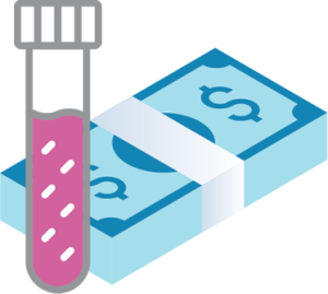 Icon of test tube and money showing low cost