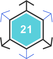 Hexagon icon with 21 in center. Arrows pointing out