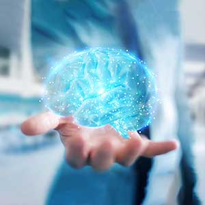 Image of brain hologram in doctor's hand